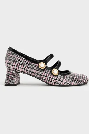 CHARLES & KEITH Plaid Pearl-Buckle Mary Jane Pumps