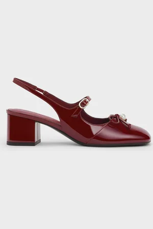 CHARLES & KEITH Patent Bow Crystal-Pearl Slingback Mary Jane Pumps