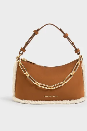 CHARLES & KEITH Robyn Faux Suede Fur-Trim Elongated Chain-Handle Bag