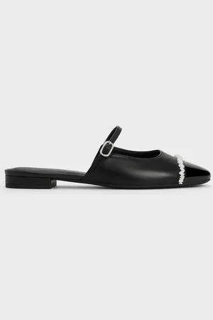CHARLES & KEITH Pearl-Embellished Cap-Toe Flat Mules