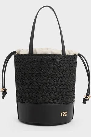 CHARLES & KEITH Leather & Raffia Bucket Bag