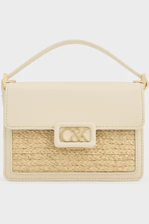 CHARLES & KEITH Leather & Raffia Boxy Bag
