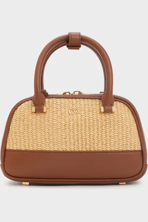 CHARLES & KEITH Leather & Raffia Bowling Bag