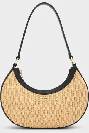 CHARLES & KEITH Leather & Raffia Crescent Hobo Bag