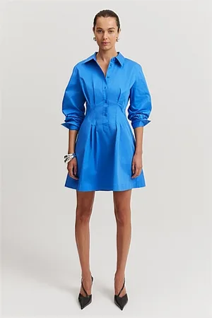 Melaina Mini Dress - Collared Zip Front Belted Denim Dress in Mid