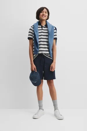 COUNTRY ROAD Teen Recycled Blend Polo Shirt Navy Stripe in Size 10 | 100% Cotton