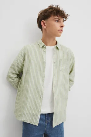 COUNTRY ROAD Teen Organically Grown Long Sleeve Shirt Sage Stripe in Size 8 | 100% Linen