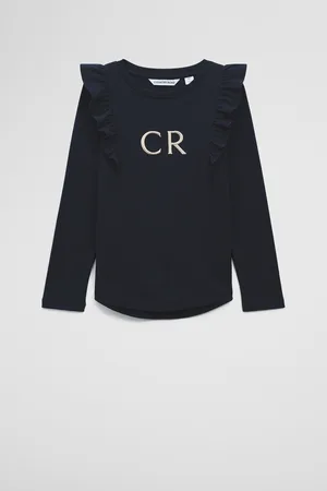 COUNTRY ROAD Girls Australian Long Sleeve Logo Frill T-Shirt Charcoal in Size 10 | 100% Cotton