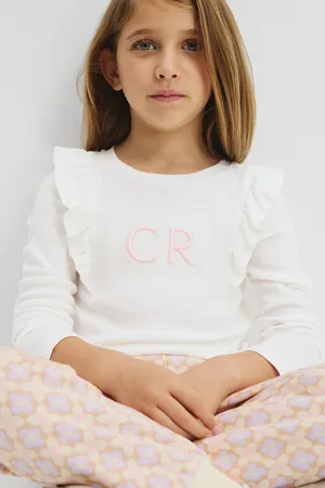 COUNTRY ROAD Girls Australian Long Sleeve Logo Frill T-Shirt Marshmallow in Size 10 | 100% Cotton