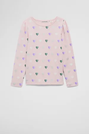 COUNTRY ROAD Girls Organically Grown Blend Gather Long Sleeve T-Shirt Pink Heart in Size 10 | Cotton/Elastane/Modal