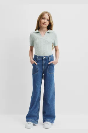 COUNTRY ROAD Teen Cable Short Sleeve Polo Knit Top Duck Egg in Size 10 | Polyester/Viscose
