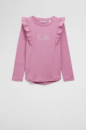 COUNTRY ROAD Girls Australian Long Sleeve Logo Frill T-Shirt Berry in Size 10 | 100% Cotton