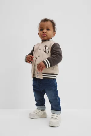 COUNTRY ROAD Boys Felted Varsity Bomber Jacket Stone Marle in Size 12-18 Months | Acrylic/Polyamide/Polyester