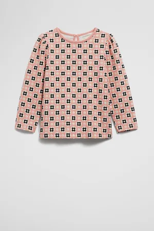 COUNTRY ROAD Girls Organically Grown Blend Gather Long Sleeve T-Shirt Peach Geo in Size 6-12 Months | Cotton/Elastane/Modal