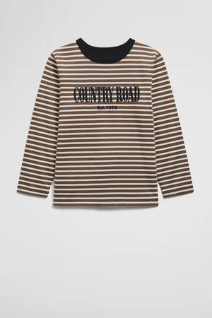 COUNTRY ROAD Boys Verified Australian Long Sleeve Heritage T-Shirt Chocolate Stripe in Size 7 | 100% Cotton
