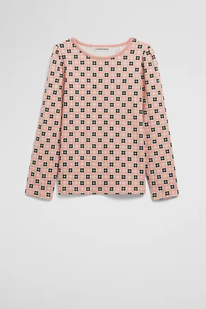 COUNTRY ROAD Girls Organically Grown Gather Long Sleeve T-Shirt Peach Geo in Size 7 | Cotton/Elastane/Modal