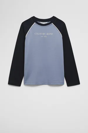 COUNTRY ROAD Boys Organically Grown Contrast Long Sleeve Logo T-Shirt Slate in Size 7 | 100% Cotton