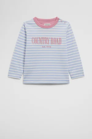 COUNTRY ROAD Boys Verified Australian Long Sleeve Heritage T-Shirt Bluebell Stripe in Size 6-12 Months | 100% Cotton