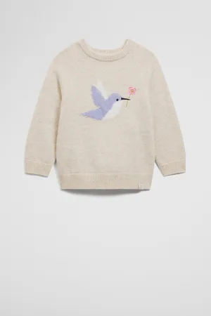 COUNTRY ROAD Girls Bird Knit Top Oatmeal Marle in Size 6-12 Months | Alpaca/Cashmere/Cotton