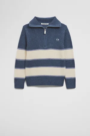 COUNTRY ROAD Boys Organically Grown Blend Stripe Half Zip Knit Top Slate Blue Marle in Size 10 | Organic Cotton/Wool