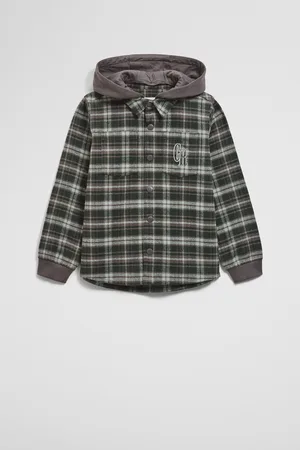 COUNTRY ROAD Boys Australian Hooded Check Shirt Forest in Size 7 | 100% Organic Cotton