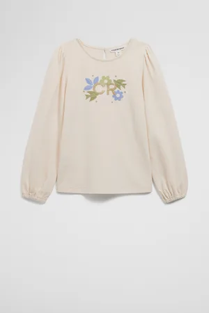COUNTRY ROAD Girls Organically Grown CR Long Sleeve T-Shirt Oyster in Size 7 | 100% Cotton