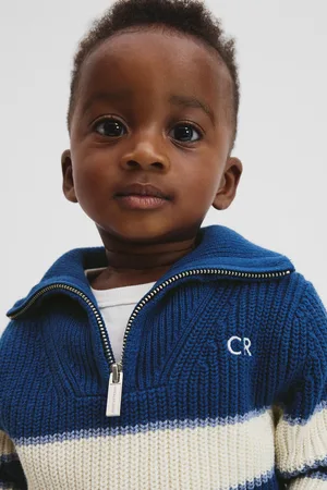 COUNTRY ROAD Boys Organically Grown Blend Stripe Zip Knit Top Royal Blue in Size 6-12 Months | Organic Cotton/Wool