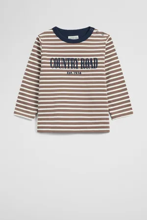 COUNTRY ROAD Boys Verified Australian Long Sleeve Heritage T-Shirt Chocolate Stripe in Size 6-12 Months | 100% Cotton