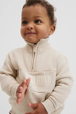 COUNTRY ROAD Boys Verified Australian Heritage Half Zip Sweat Stone Marle in Size 6-12 Months | 100% Cotton