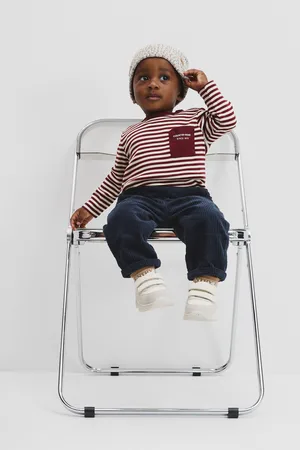 COUNTRY ROAD Boys Organically Grown Long Sleeve Pocket T-Shirt Garnet Stripe in Size 6-12 Months | 100% Organic Cotton