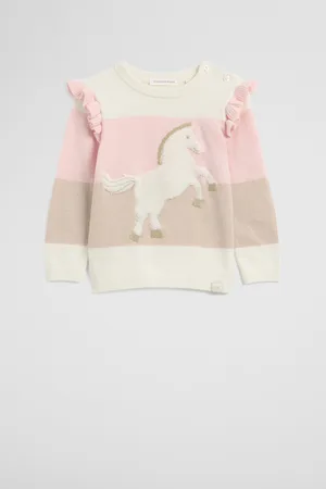 COUNTRY ROAD Girls Horse Knit Top Stone in Size 6-12 Months | Alpaca/Cashmere/Cotton