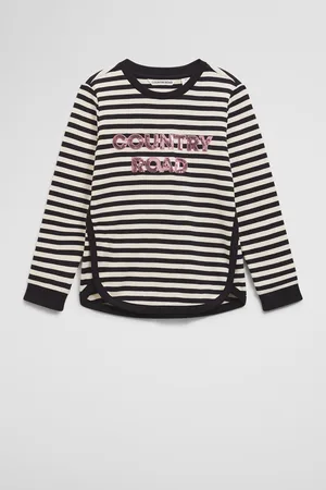 COUNTRY ROAD Girls Organically Grown Long Sleeve Logo T-Shirt Charcoal Stripe in Size 10 | 100% Organic Cotton