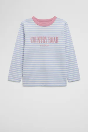 COUNTRY ROAD Boys Verified Australian Long Sleeve Heritage T-Shirt Bluebell Stripe in Size 7 | 100% Cotton