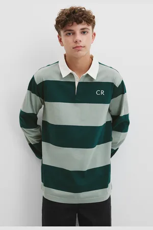 COUNTRY ROAD Teen Recycled Blend Long Sleeve Stripe Rugby T-Shirt Bottle Green in Size 10 | Cotton