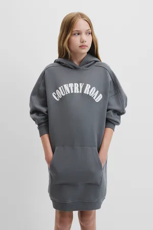 COUNTRY ROAD Teen Recycled Blend Logo Hooded Sweat Dress Slate in Size 8 | 100% Cotton