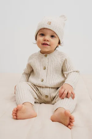 COUNTRY ROAD Girls Button Knit Jumpsuit Oyster in Size 6-12 Months | Alpaca/Cashmere/Cotton