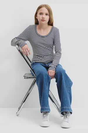 COUNTRY ROAD Teen Rib Crop Long Sleeve T-Shirt Navy Stripe in Size 8 | Eco-Vero Viscose/Elastane