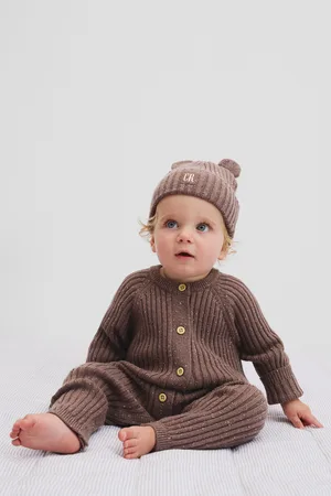COUNTRY ROAD Girls Button Knit Jumpsuit Chocolate in Size 6-12 Months | Alpaca/Cashmere/Cotton