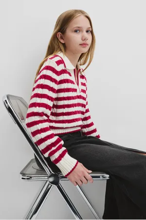 COUNTRY ROAD Teen Cable Polo Knit Top RUBY RED STRIPE in Size 10 | Alpaca/Cashmere/Cotton