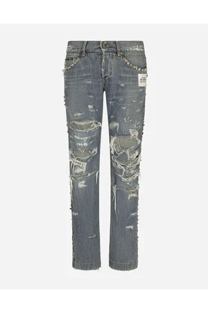 Dolce & Gabbana Washed Denim Jeans With Studs And Rips - Man Denim Multi-colored Denim 48