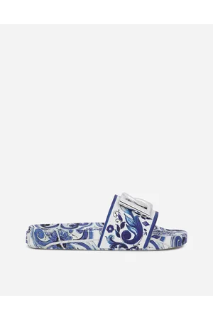 Dolce & Gabbana Calfskin Beachwear Sliders In Majolica-design Rubberized Calfskin - Woman Slides And Mules 35