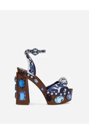 Dolce & Gabbana Majolica-print Canvas Wedge Sandals With Gemstones - Woman Sandals And Wedges 39