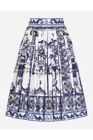Dolce & Gabbana Poplin Midi Skirt With Majolica Print - Woman Skirts Blue Cotton 38