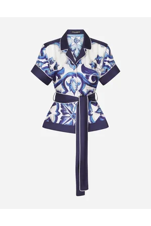 Dolce & Gabbana Majolica-print Twill Shirt With Belt - Woman Shirts And Tops Blue Silk 38