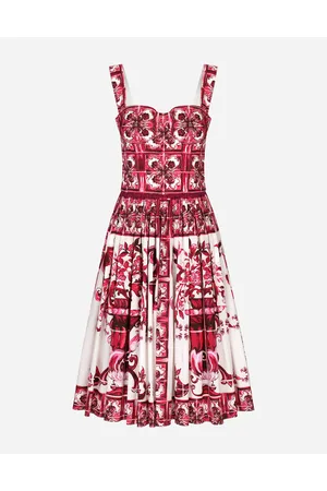 Dolce & Gabbana Bustier Midi Dress In Majolica-print Poplin - Woman Dresses Fuchsia Cotton 36