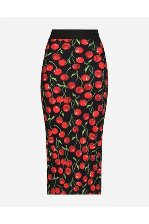 Dolce & Gabbana Technical Jersey Calf-length Skirt With Elasticated Band With Logo And Cherry Print - Woman Skirts Multi-colored Fabric 40