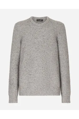 Dolce & Gabbana Technical Wool Round-neck Sweater With Logo Tag - Man Sweaters And Cardigans Gray Fabric 48