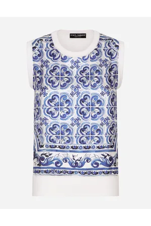 Dolce & Gabbana Sleeveless Silk And Twill Sweater With Majolica Print - Woman Sweaters And Cardigans Blue Silk 36