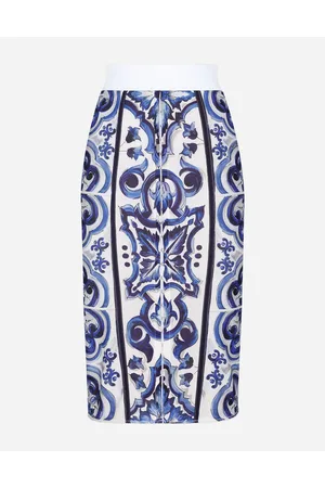 Dolce & Gabbana Majolica Print Midi Skirt - Woman Skirts Blue Fabric 38