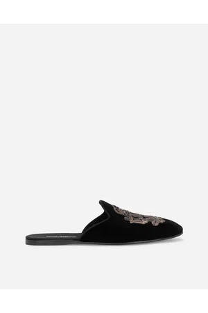Dolce & Gabbana Velvet Slippers With Coat Of Arms Embroidery - Man Sandals And Slides Black Velvet 40